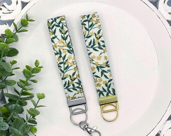 Floral Cotton Keychain Wristlet, Gold Metallic Vine Print