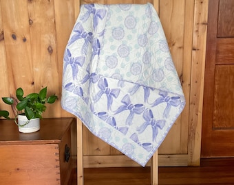 Purple Baby Quilt, Lavender Ribbon Pattern, Dandelion Print, 36"x46"