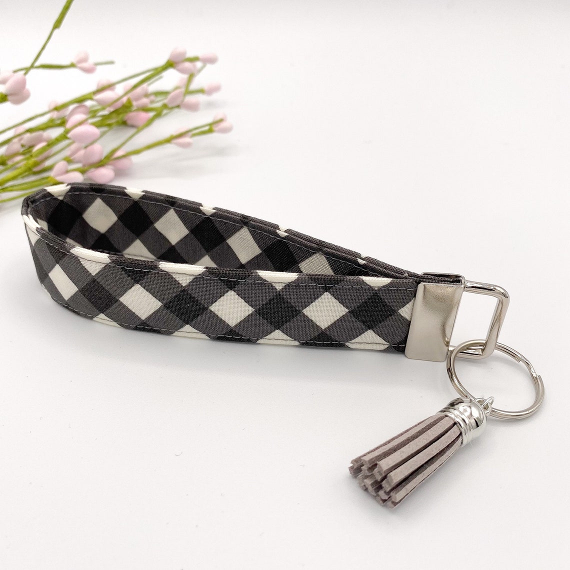 Gray Pink Wristlet Keychain Gingham Floral Keychain Wristlet Etsy