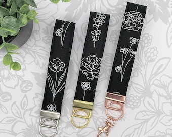 Floral Keychain Wristlet, Hand Drawn Black and White Fabric