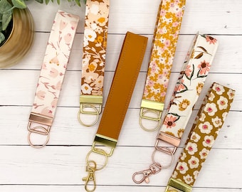 Key Ring, Gold Keychain Wristlet, Keychain Strap, Wrist Lanyard, Fabric Keychain, Sweet Sixteen, New Car Accessory, Gift for Her, Floral