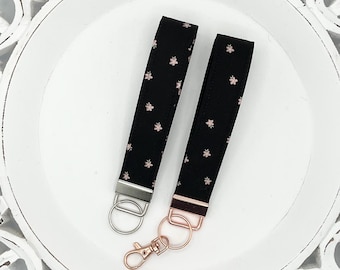 Fabric Keychain Wristlet, Keychain Strap, Wrist Lanyard, Rose Gold, New Car, Teacher Gift, Key Fob, Floral