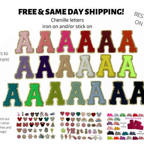 Chenille iron on patch and stick on letter patch - A through Z - 16 color options - Free shipping
