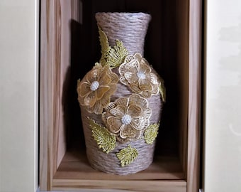 Jute vase decorated with lace, home décor, table décor, gift
