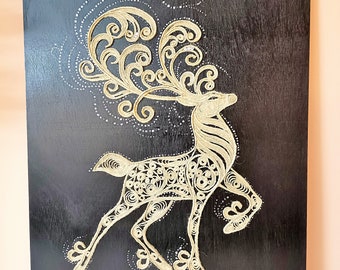 Handmade art print "Elegant Deer" – jute on wood