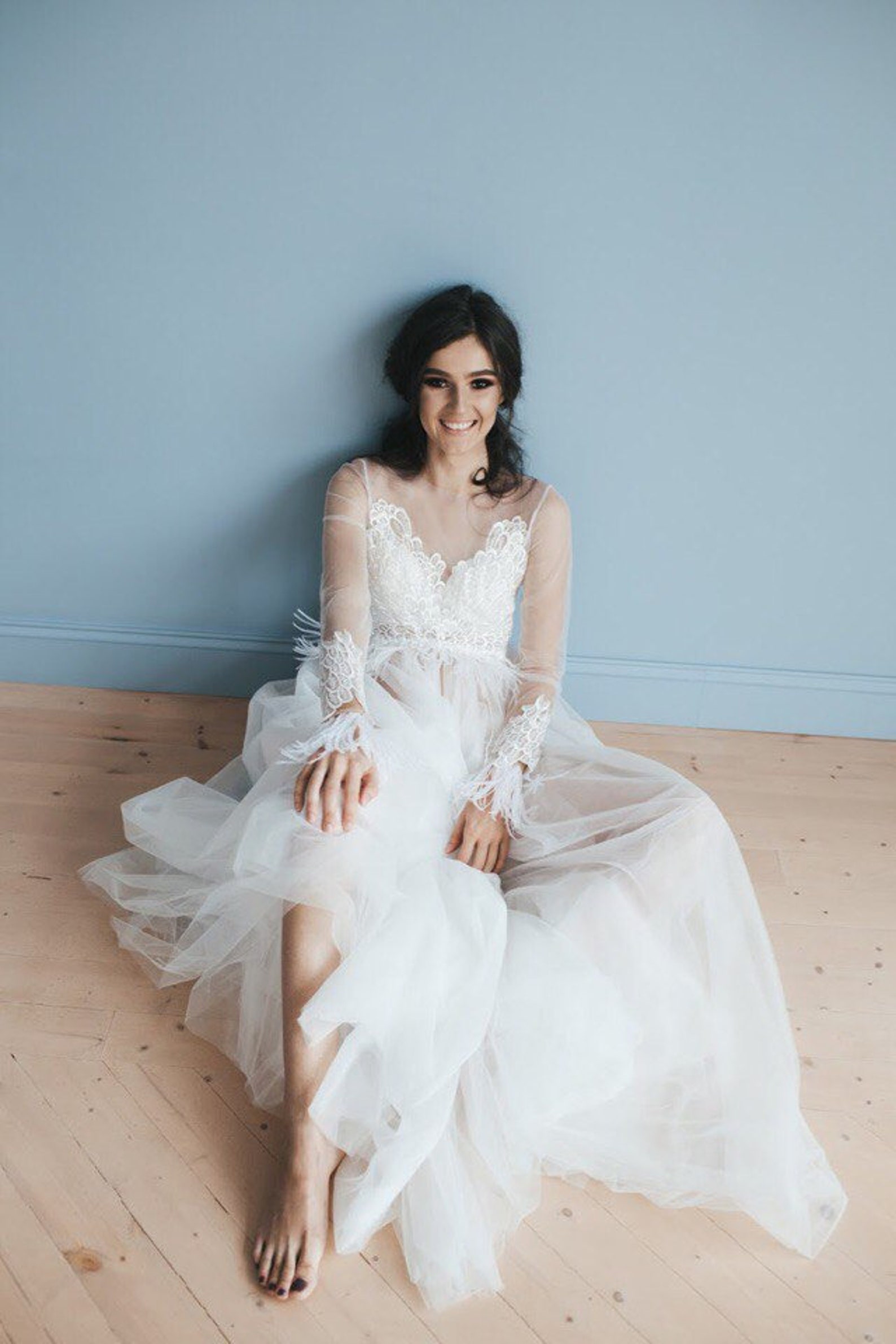 Ivory boudoir gown for bride / Bridal long lace peignoir Etsy