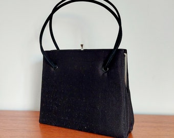 1950s Vintage Black Rectangular Black Top Handle Man-made Nylon Bag. British Design Classic. Gift For Her. Handbag Appreciation Society