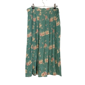 Vintage Blue Midi Skirt Pleated with White Floral Design