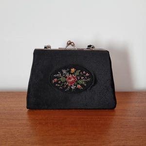 Black Embroidered Top Handle Handbag Vintage Charm