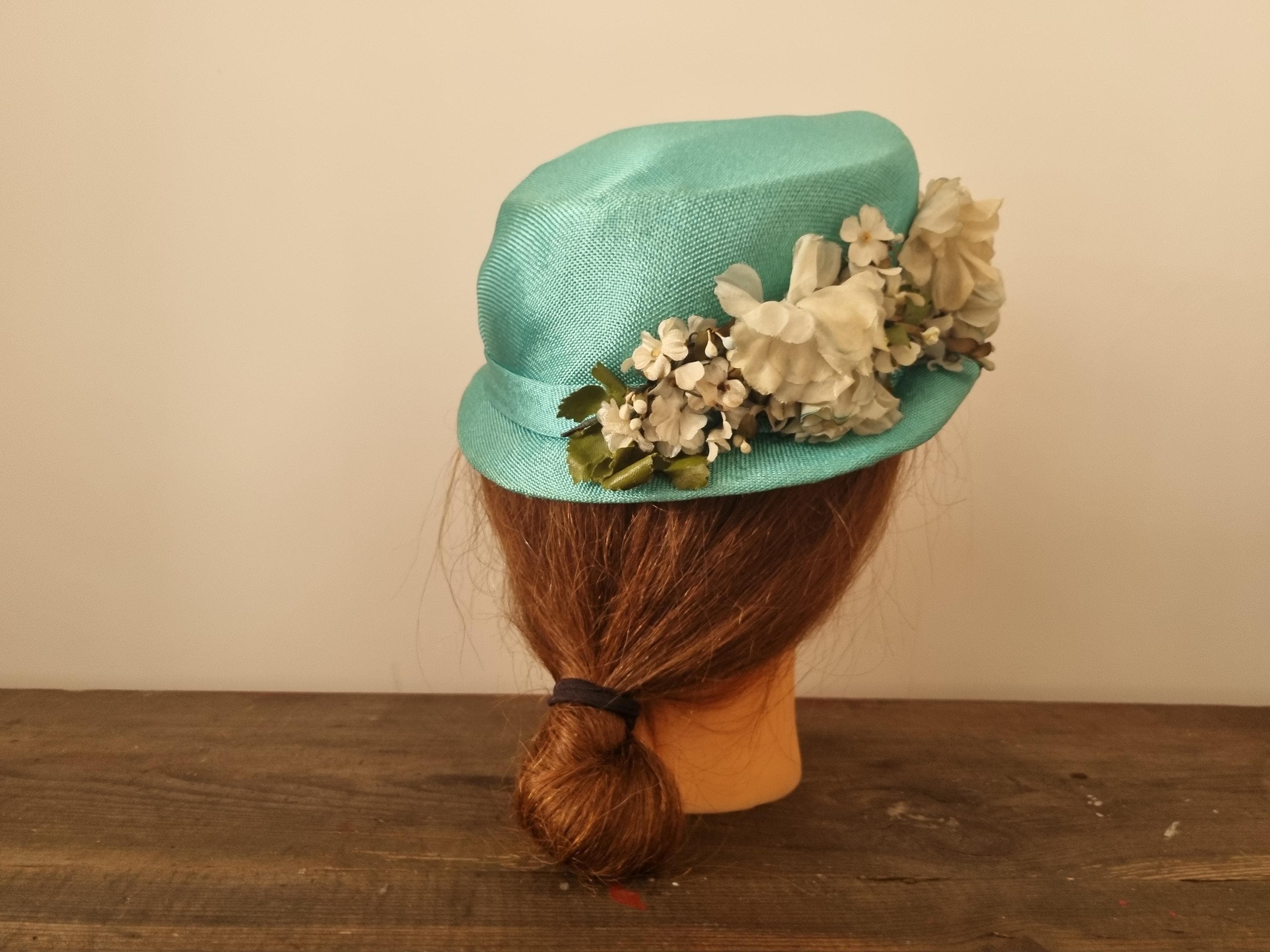 Vintage blue and white flowers. Hat. Vintage Dark Blue Wide Brim Hat, Straw with Big Flower  main image 3