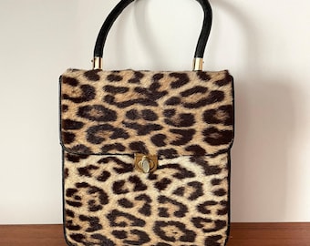 Leopard Print Structured Evening Top Handle Leather Handbag Vintage