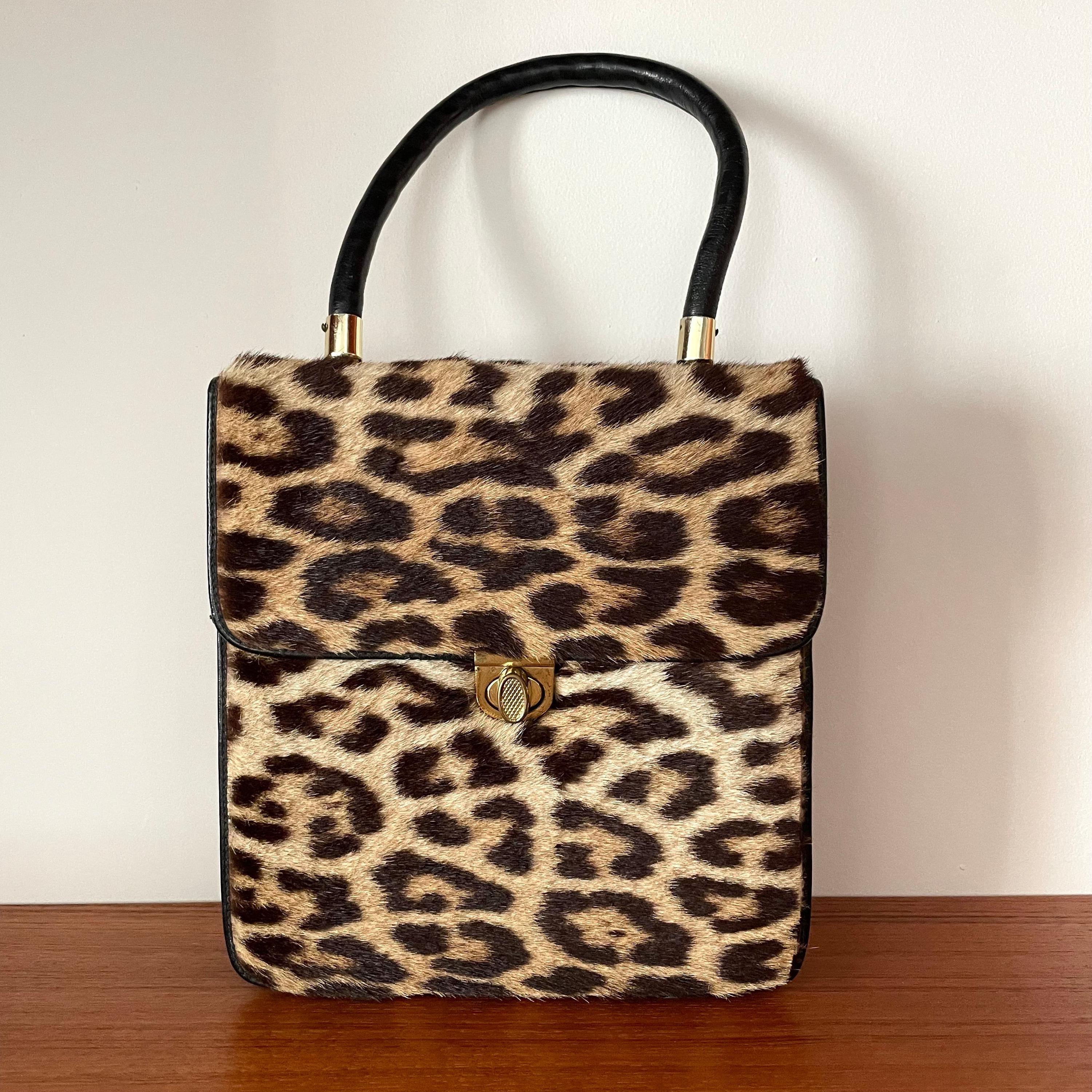 Leopard Print Structured Evening Top Handle Leather Handbag