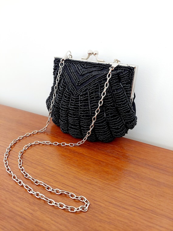 Vintage Black Beaded Evening Bag Clutch Purse With Chain strap: Hand-made