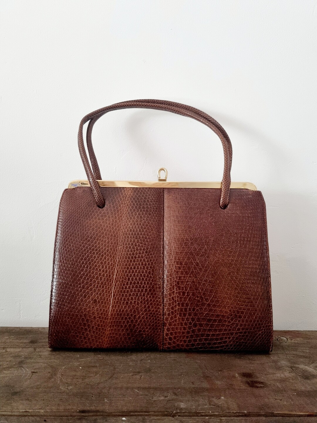 Brown Lizard Skin Made in England Square Handbag. Like New
