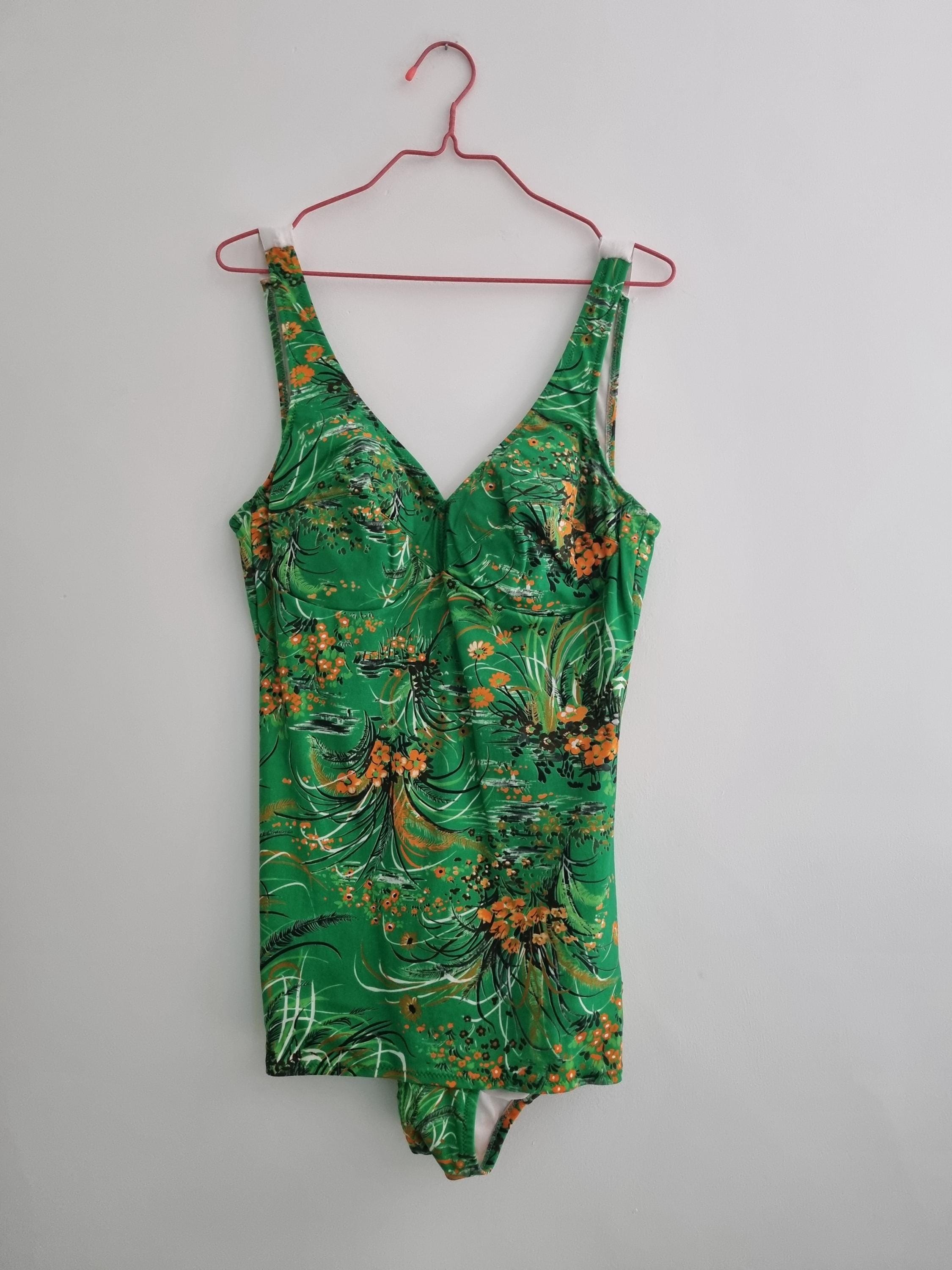 Vintage Green and Orange Swimsuit UK12 for Retro Beach Style