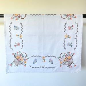 Vintage Hand Embroidered Square Flower Basket Tablecloth