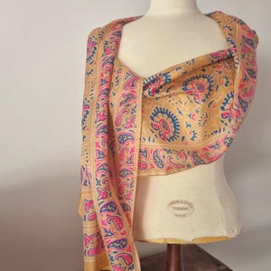 Vintage Scarf Beige Blue Pink Paisley Print Handmade Accessory