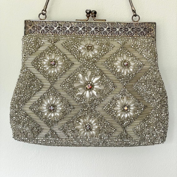 Vintage Exquisite Hand Beaded Silver Floral Desig… - image 2