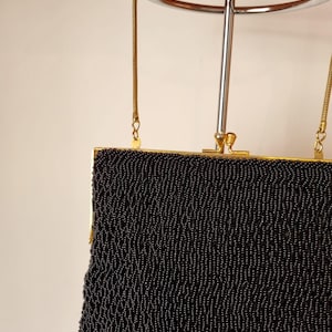 Antique Handmade Black Beaded Gold Detail Evening Handbag Vintage
