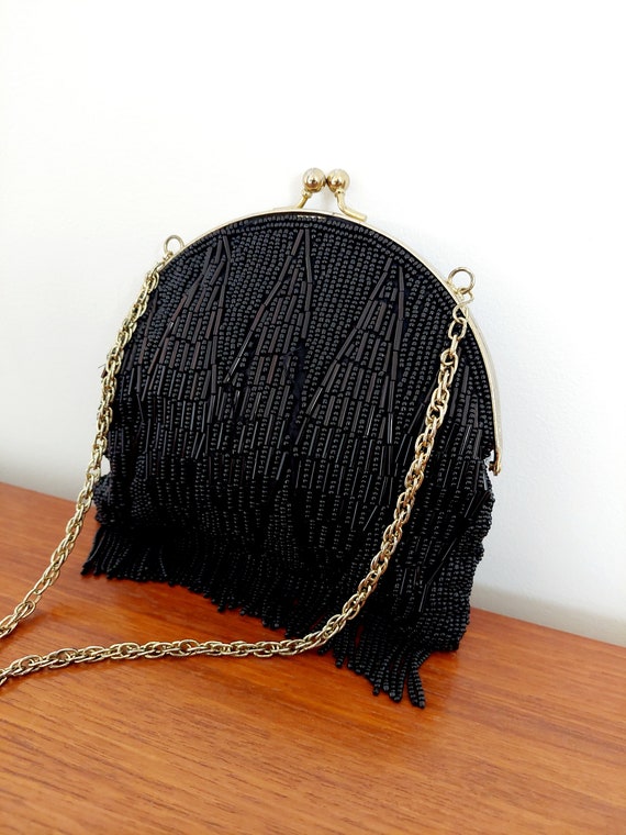 Vintage Black Beaded Evening Bag Clutch Purse With Chain strap: Hand-made