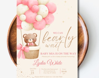 Teddy bear baby shower invitation template we can bearly wait Girl baby shower bear with balloons baby shower Teddy Bear Hot Air Balloon