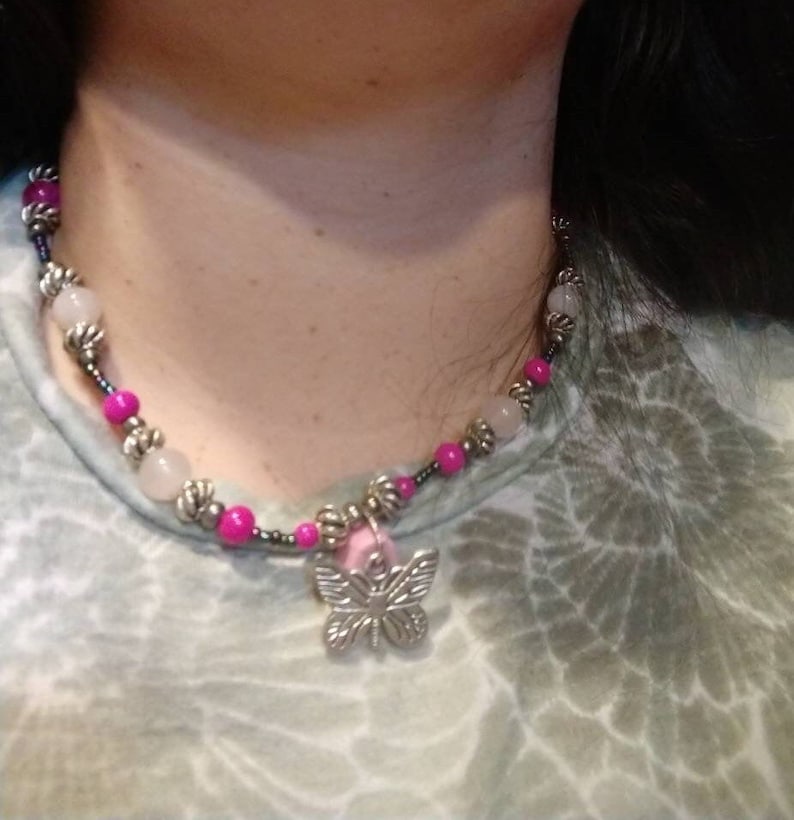 Pink butterfly necklace