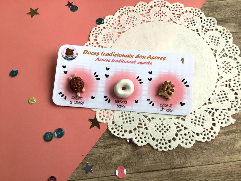 Fimo handmade with polymer clay Torresmo de cabinho Pin azorean sweet Esp\u00e9cies de S\u00e3o Jorge e Rosquilha branca