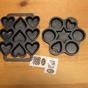 Cast Iron Pan of Hearts, with 9 heart shaped impressions and Cast Iron Pan with 4 different shapes, 7 impressions