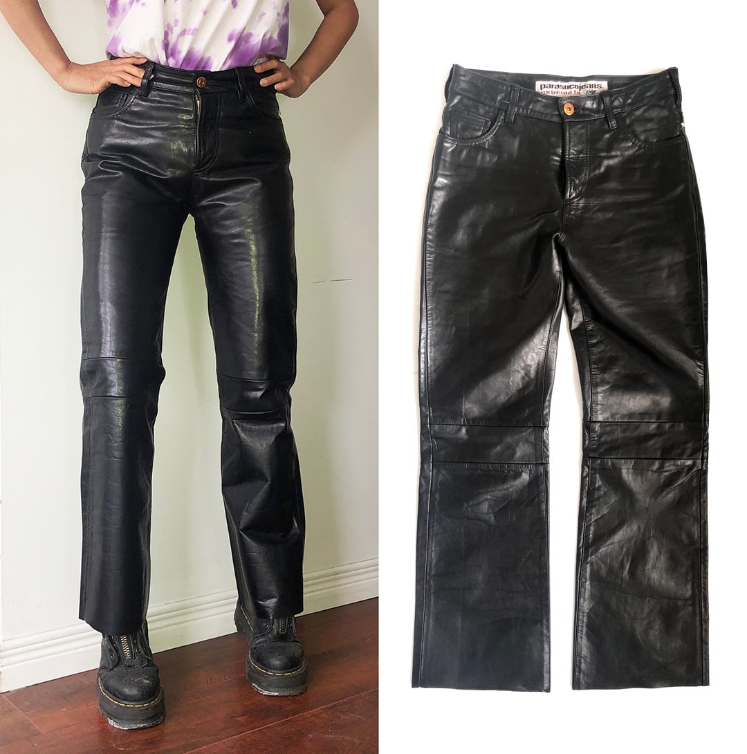 Vtg Black Leather Jeans Biker Pants 5 Pocket Parasuco Straight Leg 
