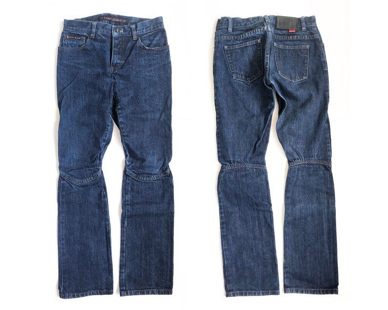 Vtg Y2K 00s 90s DKNY Low Rise Button Fly Biker Articulated Knee Dark Blue Jeans Hip Hop RnB Club Tommy Hilfiger Britney Paris Hilton