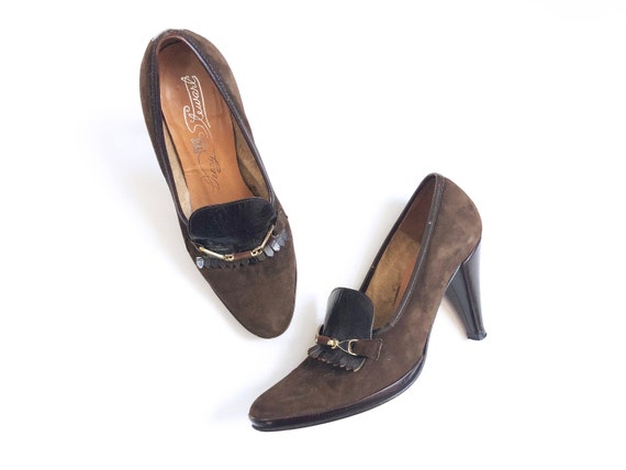 Vtg Brown Suede Pumps Loafers Shoes Horsebit Kilti