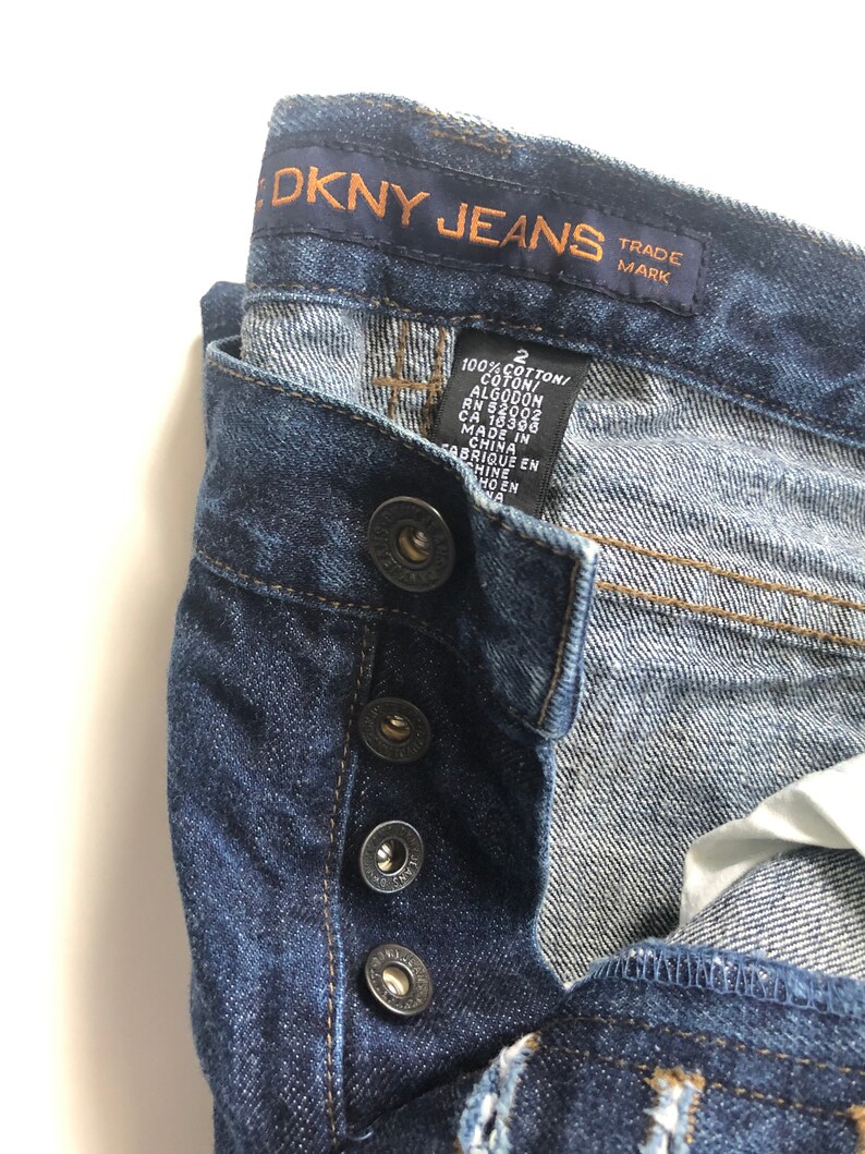 Vtg Y2K 00s 90s DKNY Low Rise Button Fly Biker Articulated Knee Dark Blue Jeans Hip Hop RnB Club Tommy Hilfiger Britney Paris Hilton
