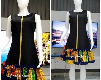 Beautiful African Dress, African Midi Dress in Ankara Print and Denim, African Print Dress Made in Africa