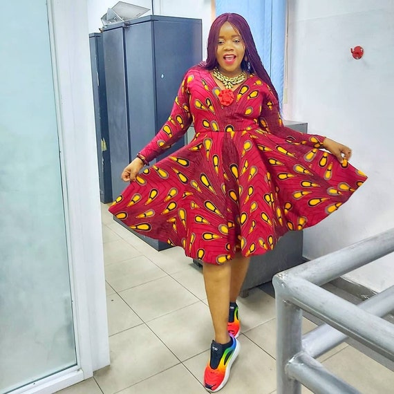 African Print Knee Length Dress With Sneakers Shirt Dress Casual