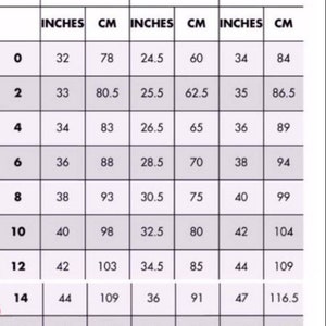 May include: Size chart showing bust, waist, and hip measurements in inches and centimeters for sizes 0 to 20.