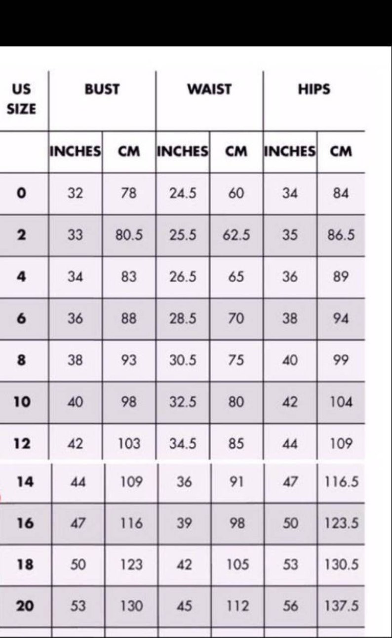 May include: Size chart showing bust, waist, and hip measurements in inches and centimeters for sizes 0 to 20.
