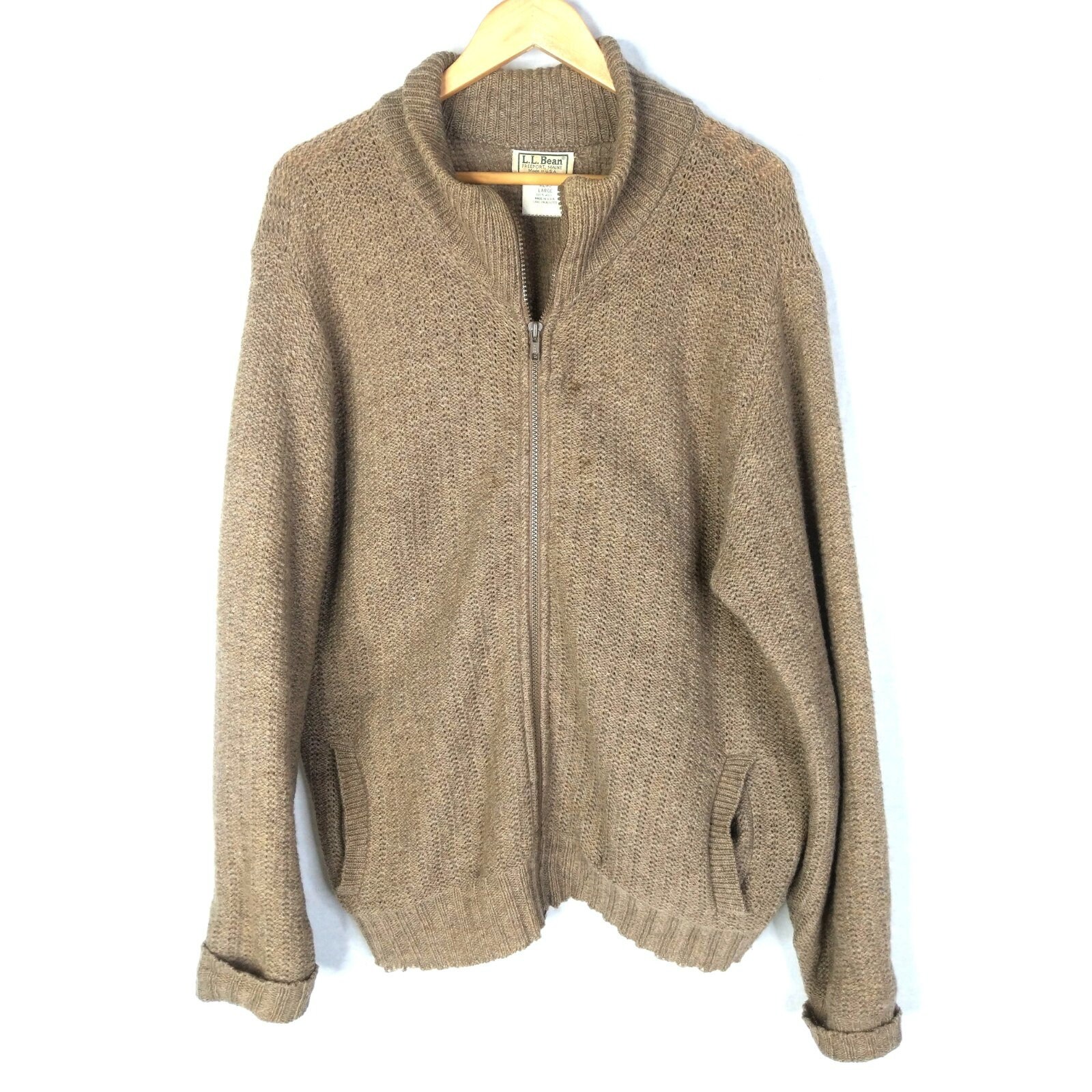 Vintage LL Bean Cardigan Sweater Mens L Brown Wool Zip Front Etsy