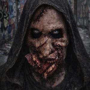 Op de afbeelding: Een realistisch zombiemasker met een donkergrijze capuchon, lichtblauwe ogen en een gedetailleerde, getextureerde huid met dieprode wonden, zichtbare tanden en een opengereten kaak, wat zorgt voor een griezelig uiterlijk voor kostuums.