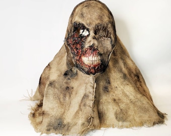 Masker verbrande jute vogelverschrikker: bloederig latex halloweenkostuum