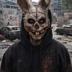 Peut inclure: Un masque de lapin texturé et usé avec de longues oreilles, un symbole de croix sur le front et un large sourire denté avec des détails rappelant du sang. Le masque est porté avec un sweat à capuche noir taché et marqué par l'usure.