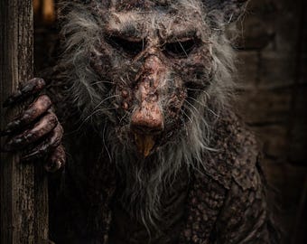 May include: A full-head rat mask featuring realistic gray fur, a textured snout with visible whiskers, and prominent front teeth. The mask displays a weathered, dark brown and gray finish with deep-set eye sockets and a rugged, organic appearance.