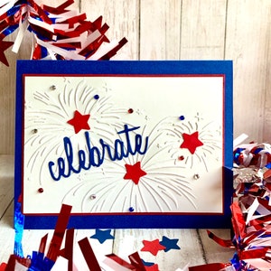 Cartes du 4 juillet, feux d'artifice, célébrations, cartes patriotiques, carte de jour indépendante, cartes vierges, rouge blanc bleu, étoiles.