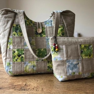 Handmade, quilted, patchwork shoulder bag, green leaf, plaid cotton bag, tote bag, beach bag