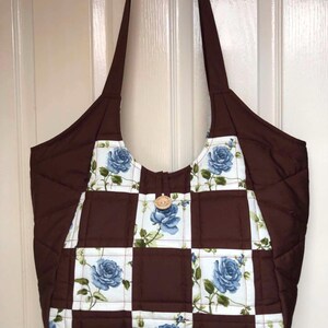 Handmade, patchwork quilted, brown blue rose floral, women's shoulder bag, beach