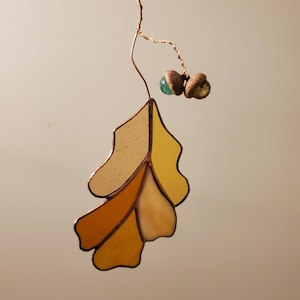 Fall Decor stained glass oak leaf with glass acorns