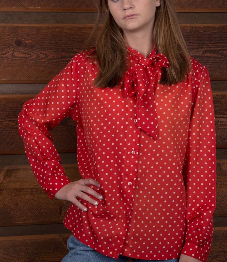Laura Mae Vintage White and Red Polka Dot Blouse 1970s White and Red Polka Dot Blouse