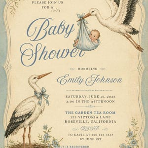 May include: Vintage baby shower invitation with a stork carrying a baby in a blue bundle. The invitation features the text "Baby Shower" and details for the event, including the honoree's name, date, time, and location.
