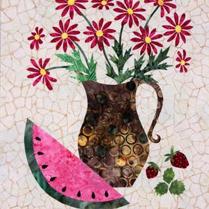 May include: A fabric quilt block featuring a brown pitcher with a circular pattern filled with dark pink daisies and green leaves. A slice of pink watermelon with black seeds and two small red strawberries with green leaves are positioned below.