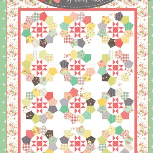 May include: A quilt pattern featuring a white background with nine colorful, circular designs. Each design is made up of various fabrics in shades of pink, red, yellow, green, and gray. The quilt pattern is titled "#143 Plain & Fancy" and is from the "Coriander Quilts by Corey Yoder" collection.