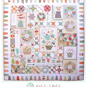 May include: A colorful quilt pattern titled "Gossip in the Garden" by Hatched and Patched. The quilt features a variety of floral and teacup motifs in a patchwork style.